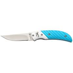 BROWNING Folding liner lock knife with 440-A stainless steel slender drop point blade, ribbed machined aluminum alloy handle with anodized teal finish, thumb stud and pocket clip. MODEL# 3225612