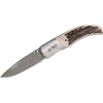 BROWNING Beautiful, tough and sharp Damascus steel blade. Natural stag scales. Drop point blade profile. Engraved stainless steel bolsters. Thumb stud and pocket clip. MODEL# 3220370B